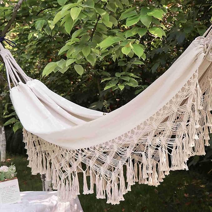 Canvas Hammock, 2 Person Foldable Hanging Swing Hammock with Tassels for Beach Yard Bedroom Patio (White)