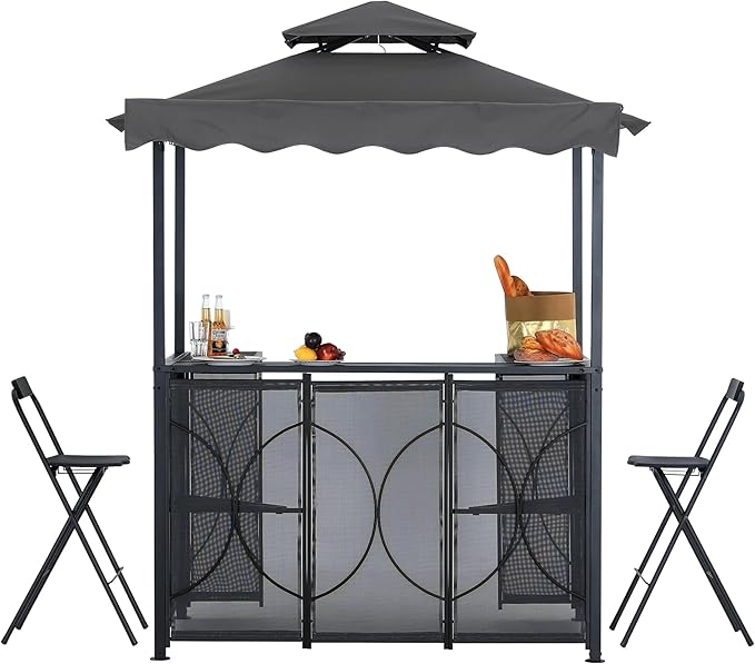 ABCCANOPY Grill Gazebo with Extra Awning - 6.4'x6.8' Outdoor BBQ Canopy with Bar Table and 2 Foldable Chairs, Barbecue with LED Lights for Backyard, Lawn and Patio (Dark Gray)