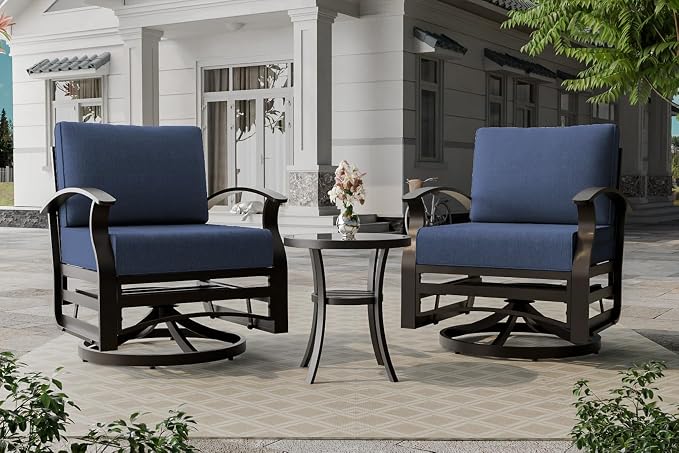 Outdoor Patio Furniture Set, 3 Piece Aluminum Metal Chairs Swivel Rocker, Overstuffed Washable Cushions Bistro Set for Porch, Balcony, Deck, Garden Navy