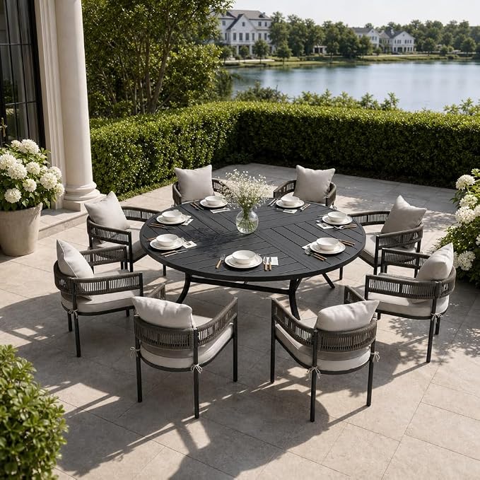 VICLLAX Patio Dining Set, 63.1" Black Table & 6 Chairs with Wheat Cushion | Outdoor Table and Chairs Set of Round Metal Patio Table, Outdoor Dining Chairs with Metal Frame, Garden Deck Porch