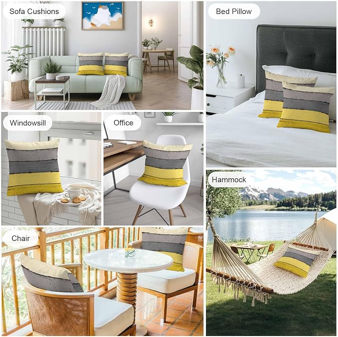 Outdoor Throw Pillow Covers 18X18 Set of 2 Waterproof Ombre Lemon Yellow and Gray Decorative Zippered Cushion Covers for Patio Furniture, Farmhouse Retro Rustic Barn Wood Texture Lumbar Pillowcases