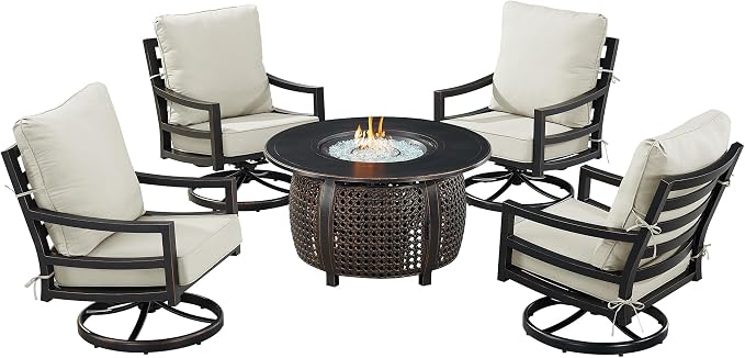Oakland Living Black Aluminum Patio Fire Table Set with Four Club Chairs with Light Grey Cushions