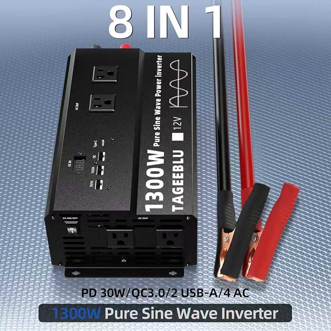 Pure Sine Wave Inverter [1300W] - 2600W Surge, 12V DC to 110V AC Heavy Duty Power Inverter for RV, Truck, Home, Solar, Off-Grid, Outdoor, Car Converter with 4 AC Outlet & 4 USB (30W QC & PD)
