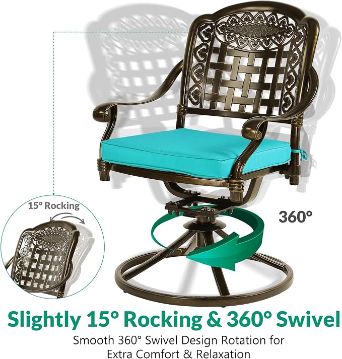 VIVIJASON 9-Piece Outdoor Dining Furniture Set, Cast Aluminum Patio Table & Chairs Set for 8, Include Large 64" Square Dining Table and 8 Swivel Rocker Chairs with Umbrella Hole, Ocean Blue