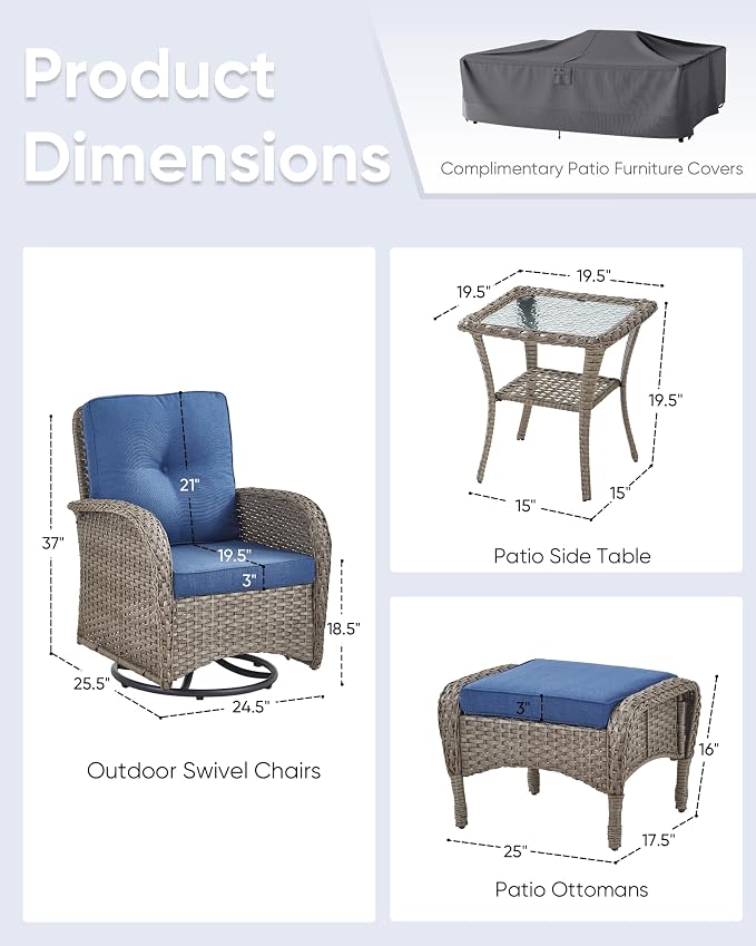 5 Pieces Outdoor Wicker Patio Furniture Set-High Back Outdoor Rocking Chairs Set of 2 with Ottoman Patio Conversation Sets for Deck Lawn Porch Balcony Poolside-Grey/Blue