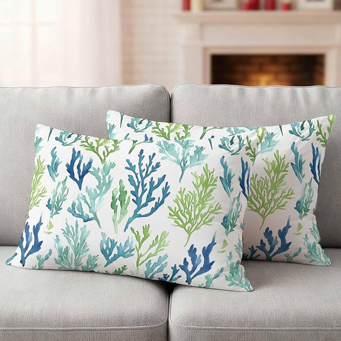 Ocean Teal Outdoor Waterproof Throw Pillow Covers Set of 2, 20"x12", Blue Green Coral Underwater Garden Coastal Decorative Pillow Covers Outside Cushion Case for Patio Porch Garden