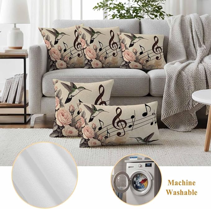 Outdoor Waterproof Throw Pillow Covers Set of 2 Honeybirds Pillowcases 24x24 Inches Roses Retro Music Decorative Pillows Cushion Case Patio Pillows for Couch Bed Chair Garden