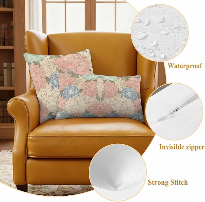 Botanical Flowers Waterproof Outdoor Pillow Covers Set of 2 Home Decor, Spring Colorful Garden Floral Plants Pillowcase Patio Pillow Covers for Couch Bench Furniture Garden 20x12in