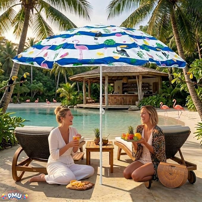 PMU 24 Pcs 6ft Tropical Beach Umbrella – Blue & White Stripes with Flamingo, Toucan & Leaf Print, 72in Open, 160G Polyester, Large Outdoor Patio Pool Parasol Umbrella for Garden, Deck, Backyard & Pool