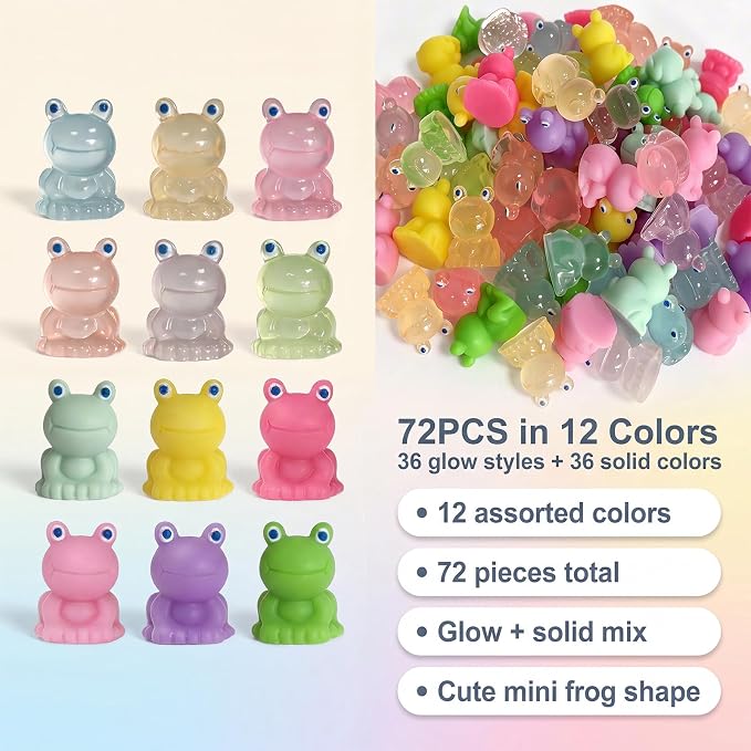 Mini Resin Frog Figures to Hide, 72 PCS Tiny Plastic Frogs Small Little Resin Animal Figurines Miniature Festival Rave Trinkets Bulk Glow in the Dark for Micro Fairy Garden Aquarium Decor
