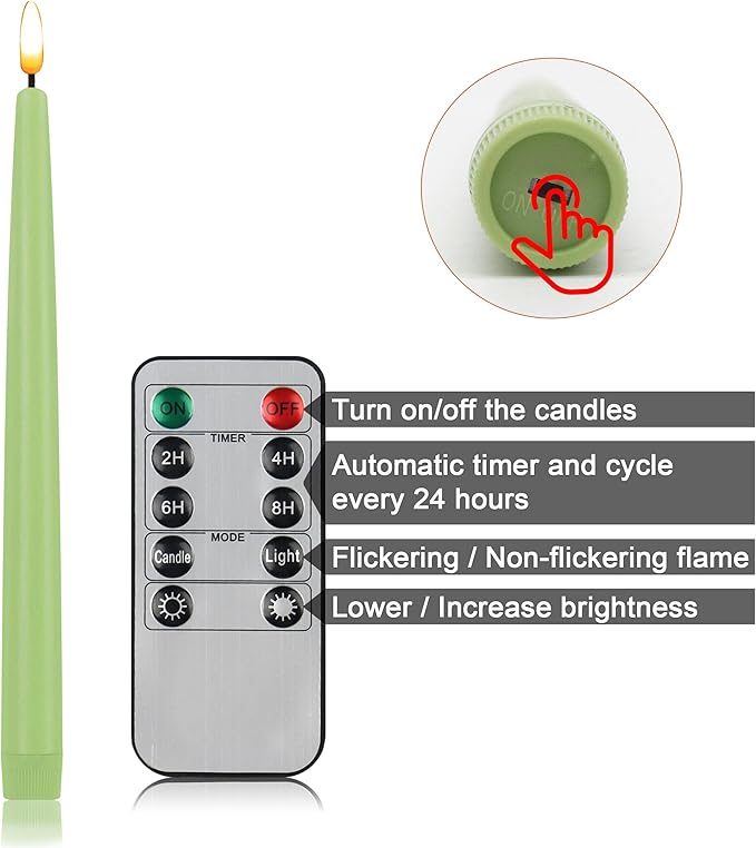 CVHOMEDECO. Flameless Taper Candles with 10-Key Remote, Battery Operated Led Flickering 3D Wick Window Candles Real Wax Finished Home Christmas Party Decor 0.78 x 11 Inch, Pack of 2, Light Green