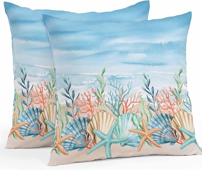 Throw Pillow Covers 24x24 Inch Set of 2, Summer Nautical Waterproof Outdoor Pillow Covers, Coastal Beach Starfish Coral Shell Blue Decorative Cushion Pillowcases for Couch, Sofa, Bed, Garden, Patio
