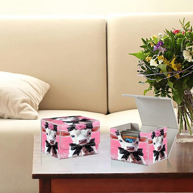 Card Deck Box for MTG, Cards Storage Box Fits 120+ Sleeved, Leather Small Size Strong Magnetic Closing Card Case for Board Games Magic TCG CCG Baseball Collection, Pink Flower White Cow