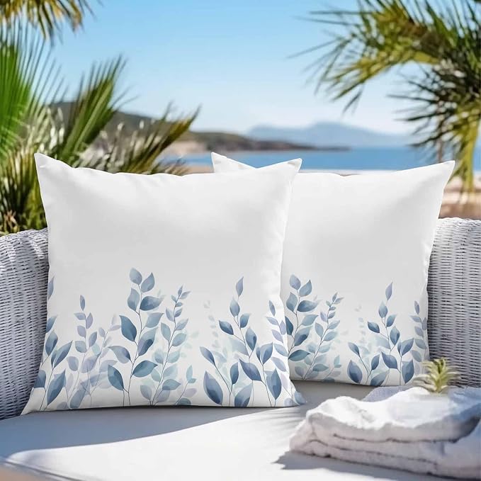 Blue Botanical Outdoor Waterproof Throw Pillow Covers 26x26 Set of 2, Pastoral Leaf Watercolor Decorative Pillowcases Cushion Pillowcase for Couch Sofa Patio Outside Pillow Protector