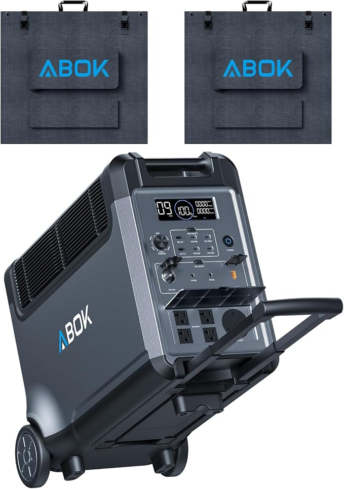 ABOK Ark3600 Portable Power Station with 2x Asp400 800W(2x400W) Solar Panels, 3840Wh LiFePO4 Solar Generator Bundle, 3600W Output, Expandable to 11520Wh, UPS, App for Home Backup, Camping, RVs