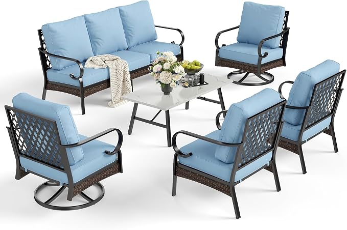 SUNSHINE VALLEY 6 Piece Metal Outdoor Patio Furniture Set - 1 3-Seater & 2 Fixed & 2 Swivel Sofas with 5.75" Thick Cushion & Coffee Table - Black & Blue Backyard Furniture