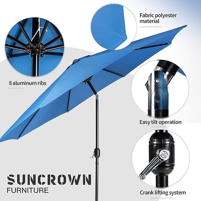 SUNCROWN 8-Piece Outdoor Wrought Iron Chairs and Table Patio Dining Furniture Set - 6 Stackable Metal Chairs, 1 Steel Slat Bistro Table and 1 Sky Blue 9Ft Patio Umbrella for Garden Backyard Deck