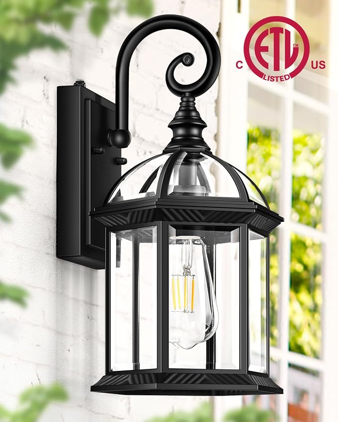 VIANIS 15.7" Large Outdoor Wall Lights, Black Exterior Lighting Fixtures with Tempered Beveled Glass, Anti-Rust Dusk to Dawn Outdoor Lighting for House, Waterproof Outdoor Sconce Lights for Porch