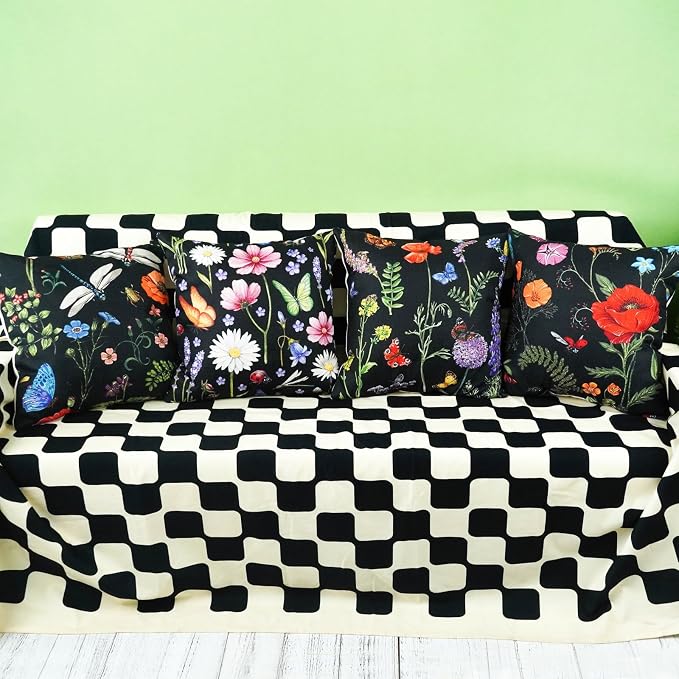 ONWAY Outdoor Waterproof Spring Summer Pillow Covers 18x18 Inch Set of 4 Floral Farmhouse Throw Pillows Decorative Cushion Cases for Outdoor Couch Sofa Patio Furniture Home Decoration Black