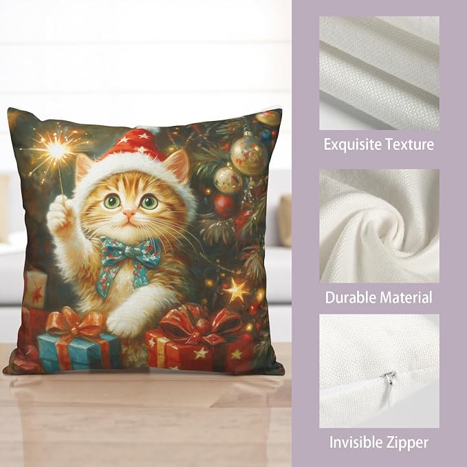 Christmas Pillow Covers 22x22 Set of 2 Adorable Cat Xmas Throw Pillow Covers Lovely Kitten Holding Sparklers Pillowcase Cotton Linen Cushion Case for Holiday Decor Sofa Couch