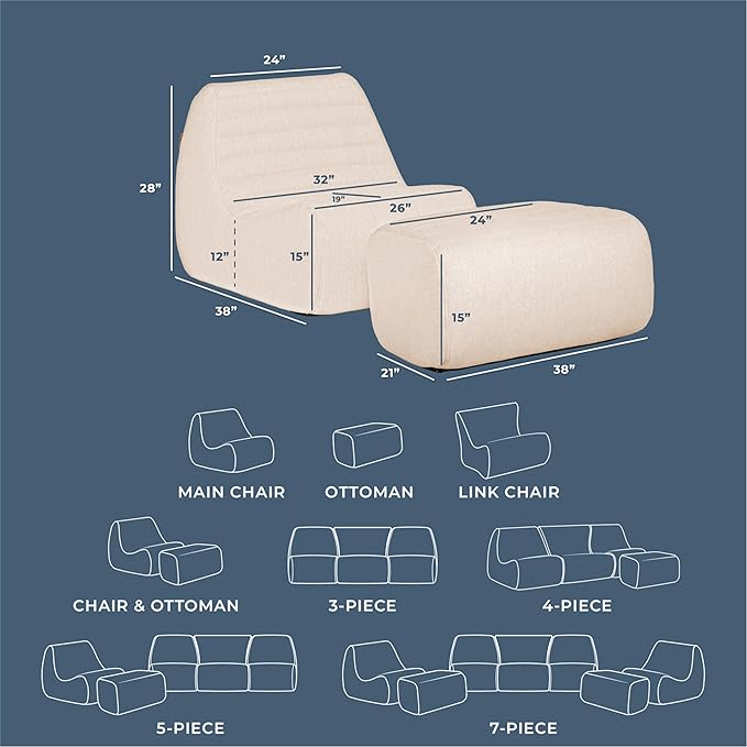 Big Joe Solvana Outdoor Lounge Chair and Ottoman, 2 Piece Patio Furniture Set, Performance Linen Weather-Resistant Fabric, Sunlit Cream