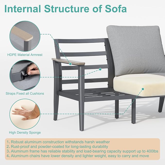 Aluminum Outdoor Patio Furniture Set 5-Seat, Patio Conversation Set Sectional Furniture Set with Swivel Rocking Chairs High Backrest & Thickened Cushions for Garden, Backyard, Poolside, Grey