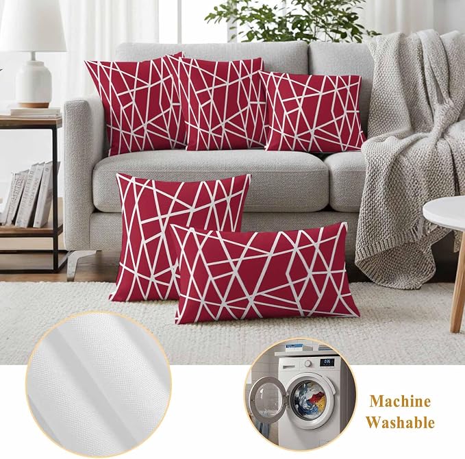 Outdoor Pillow Covers Waterproof, Red Geometric Decorative Square Throw Pillowcases Patio Cushion Covers for Tent/Garden, 26" x 26" 2 Pack, Abstract Stripes Modern Minimalist