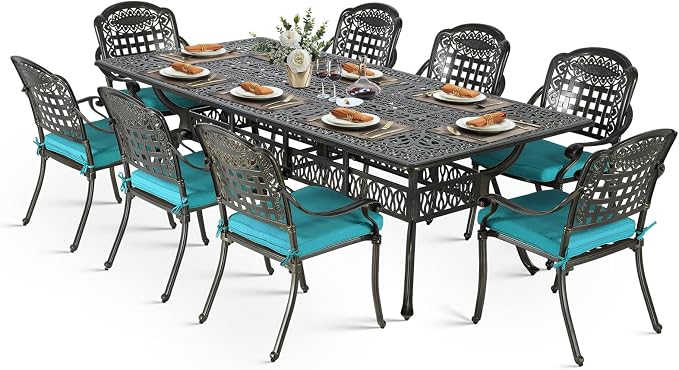 VIVIJASON 9-Piece Outdoor Dining Set, Cast Aluminum Retro Patio Furniture Table and Chairs Set for 8, Include Large 94.5" Rectangular Dining Table and 8 Chairs with Umbrella Hole, Ocean Blue Cushion