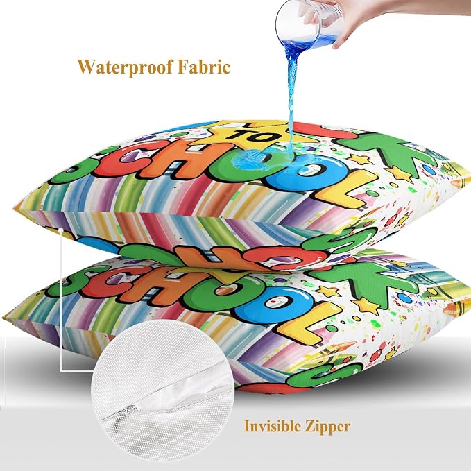Outdoor Waterproof Pillow Covers for Patio Back to School Decorative Throw Pillow Cover Colorful Crayon School Season Pillowcases Set of 2 Cushion Case for Sofa Couch Chair 18x18 Inch