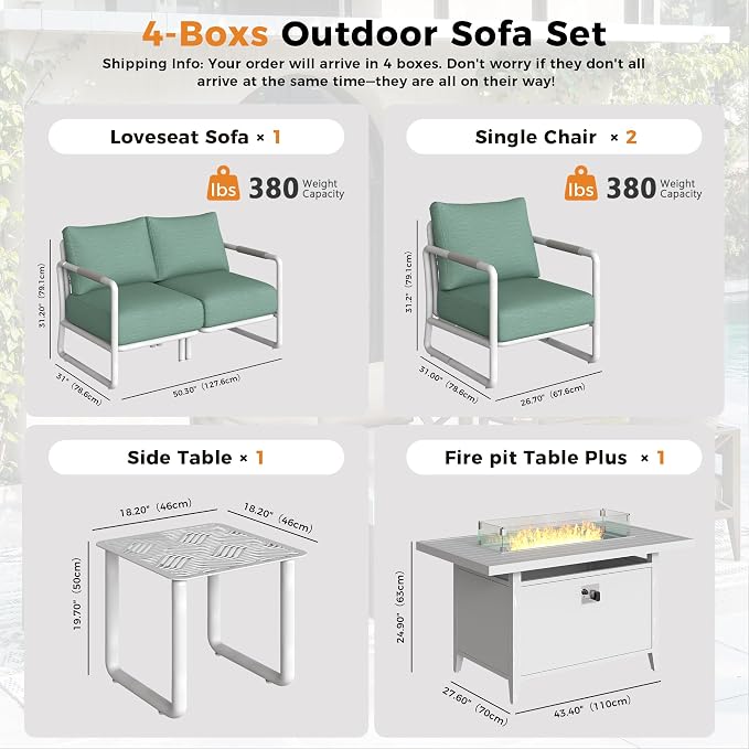 Outdoor Aluminum Patio Furniture Set with 43" Fire Pit Table,4-Seat Outdoor Conversation Set with 6.5" Thick Cushions & Coffee Table, All-Weather Patio Set for Backyard，Brown