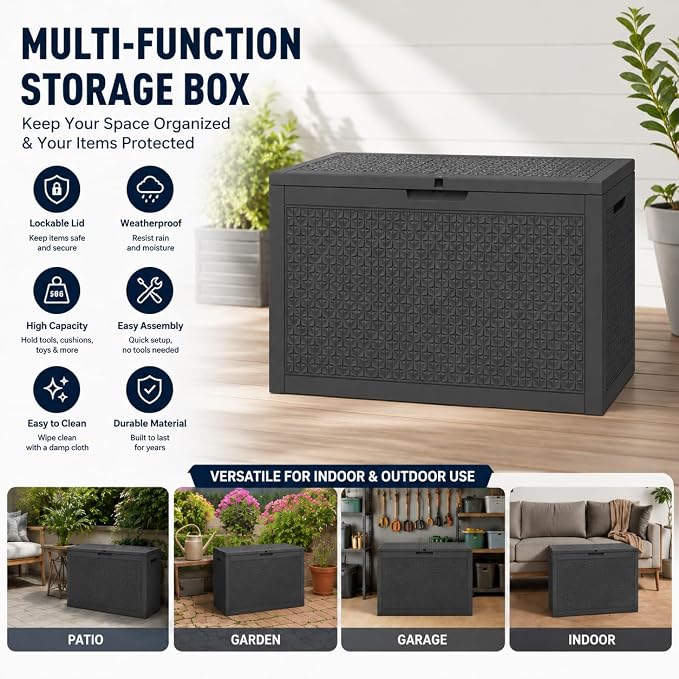 102 Gallon Outdoor Storage Box, Resin Deck Box Waterproof & Lockable, Patio Cushion Storage Bench for Garden, Pool, Furniture & Tools, UV Resistant Heavy Duty, Black