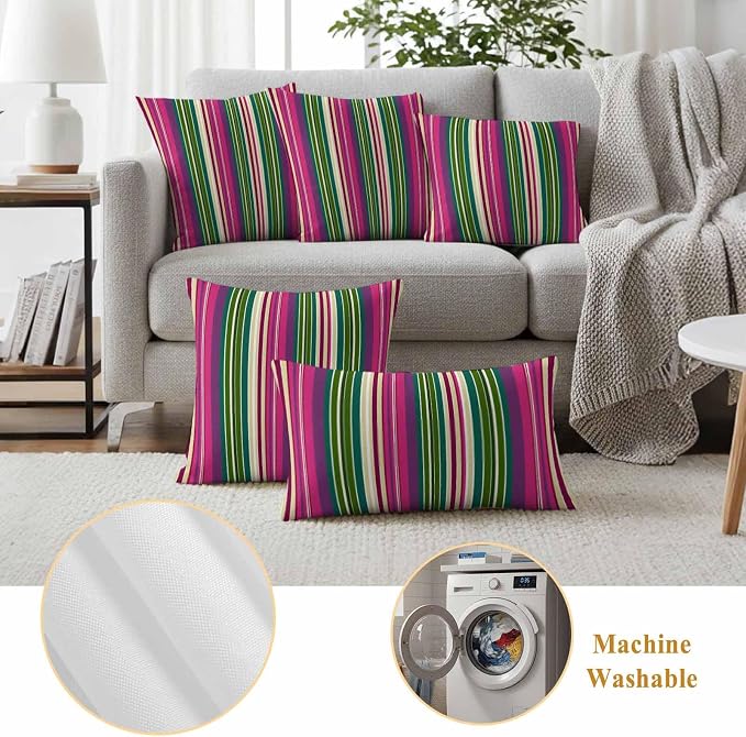 Outdoor Waterproof Throw Pillow Covers Set of 2 Pink Striped Pillowcases 18x18 Inches Geometric Green Stripes Decorative Pillows Cushion Case Patio Pillows for Couch Bed Chair Garden