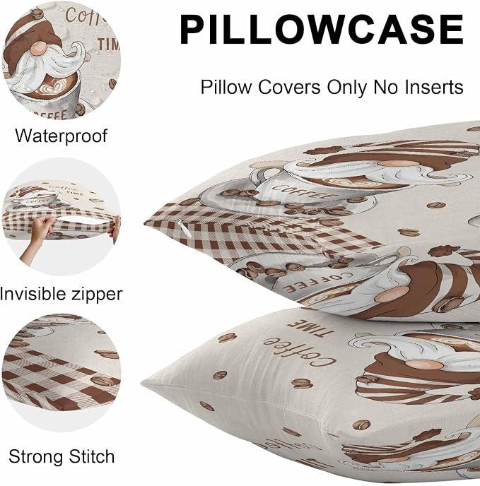 Coffee Gnomes Outdoor Pillow Covers 20x12 Inch Lumbar Pillow Covers Set of 2 Waterproof Decorative Throw Pillow Cases Brown Buffalo Plaid Check Farmhouse Cushion Covers for Patio Furniture Garden