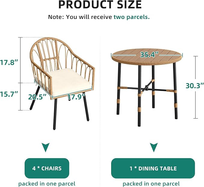 YITAHOME Patio Dining Set with Umbrella Hole for 4, Wicker Outdoor Dining Set 5pcs, Rattan Patio Dining Furniture Sets, Outdoor Table and Chairs Set for Patio Backyard Balcony Garden