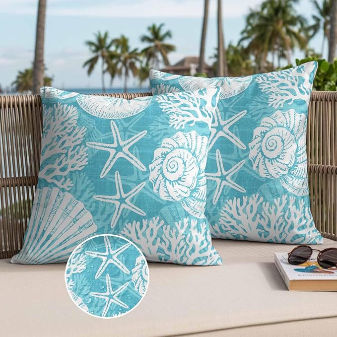 Outdoor Pillow Covers 24x24 Inch Set of 2, Teal Starfish Coastal Waterproof Throw Pillow Covers, Summer Coral Shell Beach Nautical Decorative Cushion Pillowcases for Couch, Sofa, Bed, Garden, Patio