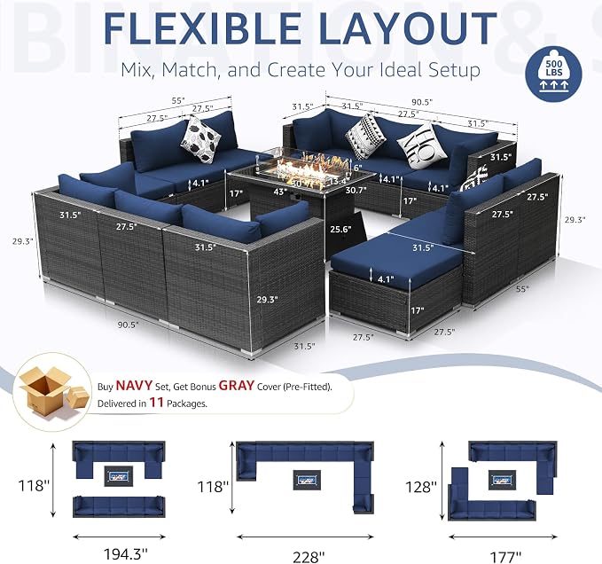 NICESOUL 13 Piece Patio Furniture w/Fireplace, Elegant Outdoor Seating w/Firepit, XL Size 29.3'' High Back Sectional Sofa, All-Weather Rattan Deck Couch, Modular Sturdy Conversation Set, Gray & Blue