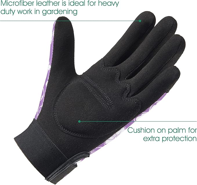 COOLJOB Medium Gardening Work Gloves for Women Ladies, Thorn Proof for Rose Pruning, Cactus Handling, Blackberry Bush Planting, Puncture Resistant Anti-Slip Flexible, 1 Pair M Floral Purple