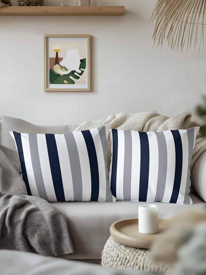 Outdoor Pillows Waterproof, Navy Blue Gray Striped Bedding Throw Pillows with Insert for Couch Sofa Bed, Farmhouse Stripe Art 18x18 Inch Pillowcases Decorative Camping Patio Pillow Set of 2