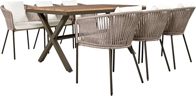 Modern 7 Pieces Patio Dining Set,Dining Table and Chairs, Acacia Wood Tabletop, Metal Frame,Outdoor Furniture Set for Garden, Backyard, Balcony (Beige/Rope1)
