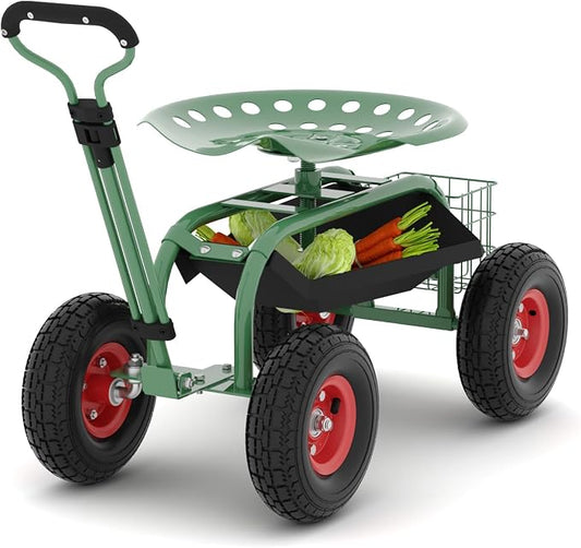 Garden Scooter Rolling Work Seat – 360° Swivel Garden Cart with Wheels, Tool Tray & Steering Handle – Heavy Duty Outdoor Stool for Planting, Weeding & Yard Work