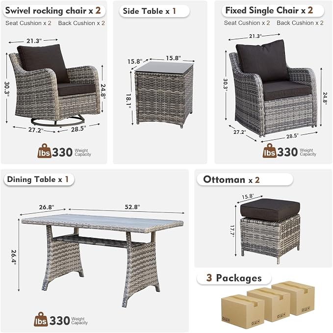 MEISSALIVVE Patio Furniture Set with Swivel Chairs, 8 Pieces Wicker Patio Conversation Set, Outdoor Patio Set with 2 Swivel Rocking Chair & 2 Single Chair, 2 Ottomans and Dining Table (Black)