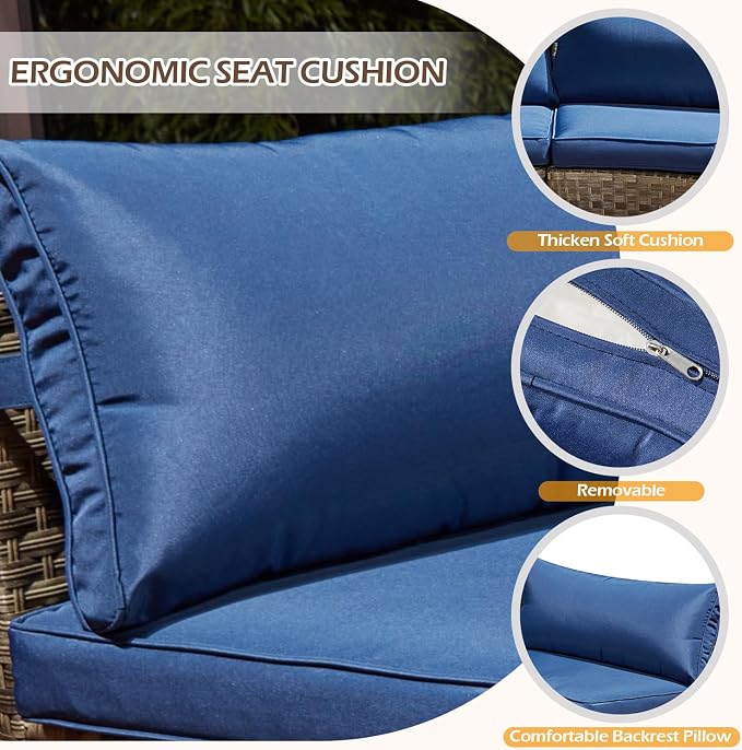 ECOTOUGE Patio Furniture Set, 4 Piece Half-Moon Sectional Round Patio Furniture Set, Wicker Cushion Sofa with 2 Storage Side Table for Pool Backyard Patio Garden(Blue)