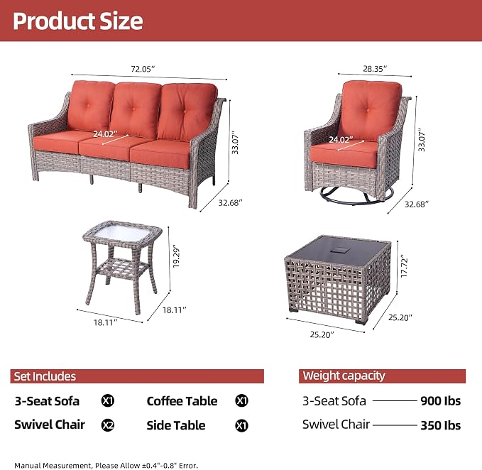 HOOOWOOO 5 Piece Patio Furniture Conversation Sets with Swivel Rocking Chairs,Outdoor Wicker Furniture with LED Tablet,All Weather Resistant High Back Rattan Conversational Set(Red)