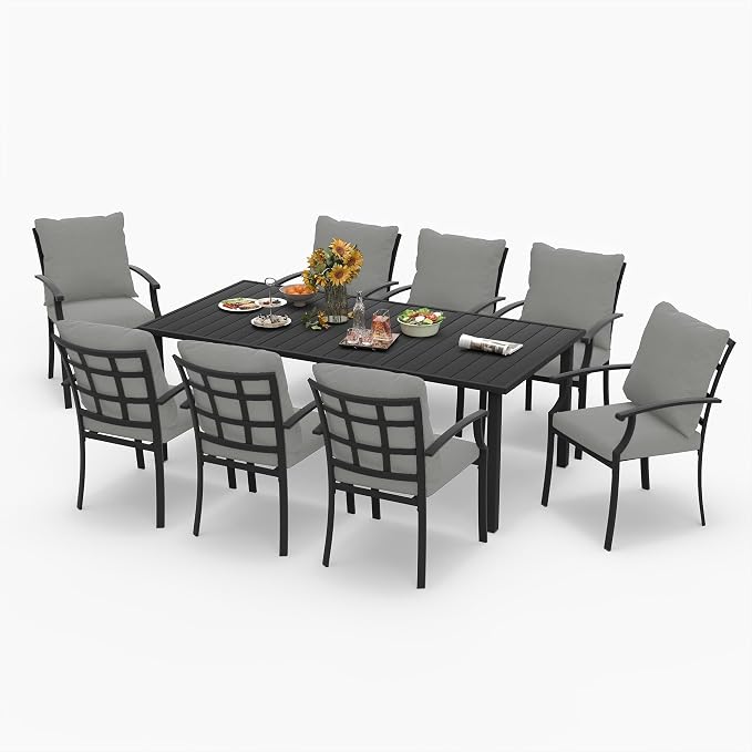 HAPPATIO 9-Piece Patio Dining Set, Outdoor Dining Set with Powder-Coated Metal,Dining Table with Umbrella Hole, 8 Stackable Chairs with Removable Cushions for Porch Poolside Garden,Grey
