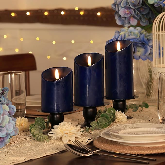 Navy Blue Flameless Candles with Remote Timer, Real Wax LED Candles Flickering, 3D Wick Fake Candles Candles Battery Operated for Home Living Room Wedding Party Gifts, Navy Blue Decor, Set of 3
