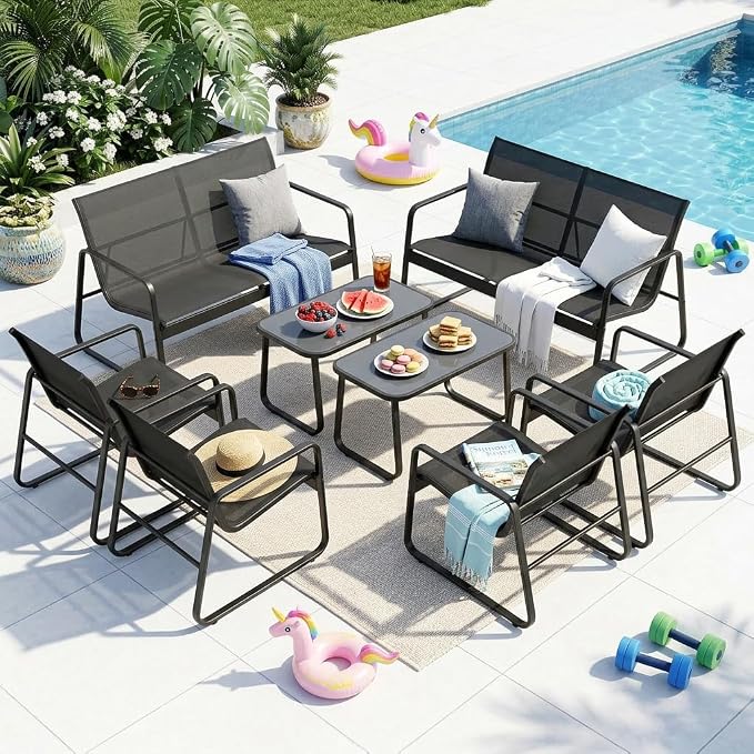 Gizoon 8 Pieces Outdoor Patio Furniture Set, 2 Bench Loveseat + 4 Single Armchairs + 2 Tempered Glass Coffee Tables, Metal Frame Patio Conversation Set for Backyard Poolside Porch, Black