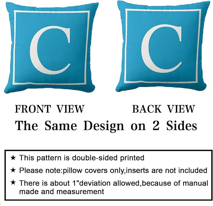 Monogram Initial Light Blue Outdoor Pillow Covers 18 x 18inches Decorative Pillow Case for Sofa Couch Bed (Pillow Insert Not Include)