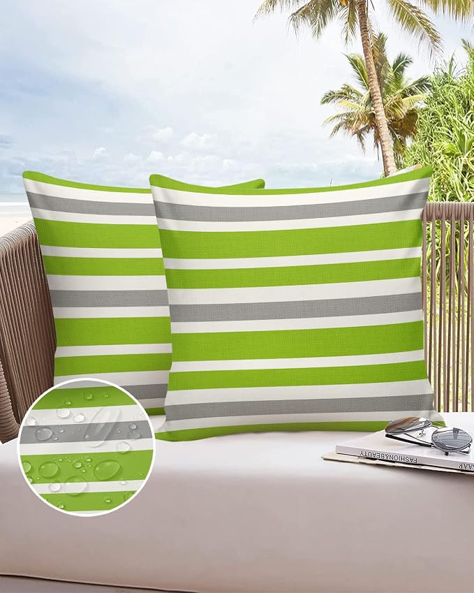 Outdoor Waterproof Pillow Covers for Patio Furniture Green Stripe Decorative Throw Pillow Cover Sage Green Lines Stripes Pillowcases Set of 2 Cushion Case for Sofa Couch Chair Home Decor 18 x 18 Inch