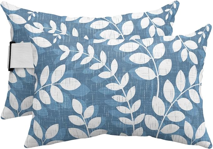 Outdoor Lumbar Pillow Set of 2, Lake Blue Leaves Waterproof Beach Headrest Pillow with Inserts, Farmhouse Botanical Branch Vintage Boho Leaf Recliner Throw Pillows for Patio Furniture, 11 x 16