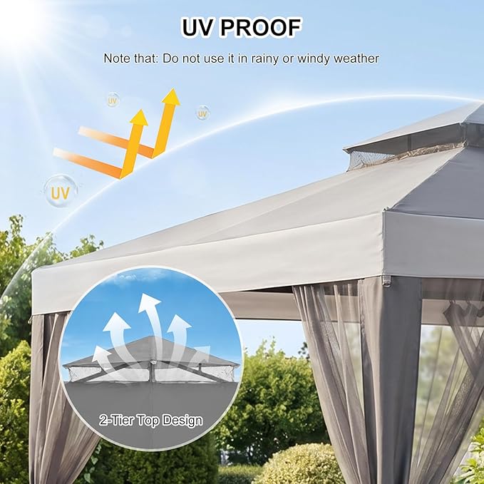 10x10 Gazebo with Netting, Canopy Tent Sun Shade Shelter for Outdoor Patio Backyard (Gray)